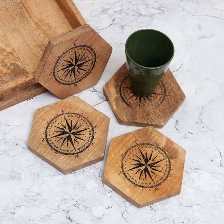 Brown Wooden Coasters Engraved with Compass - Pack of 4